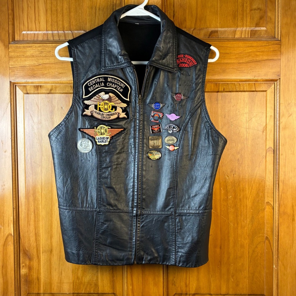 Vintage Harley Womens L HOG Leather Vest Patches Pins Missouri Biker Moto